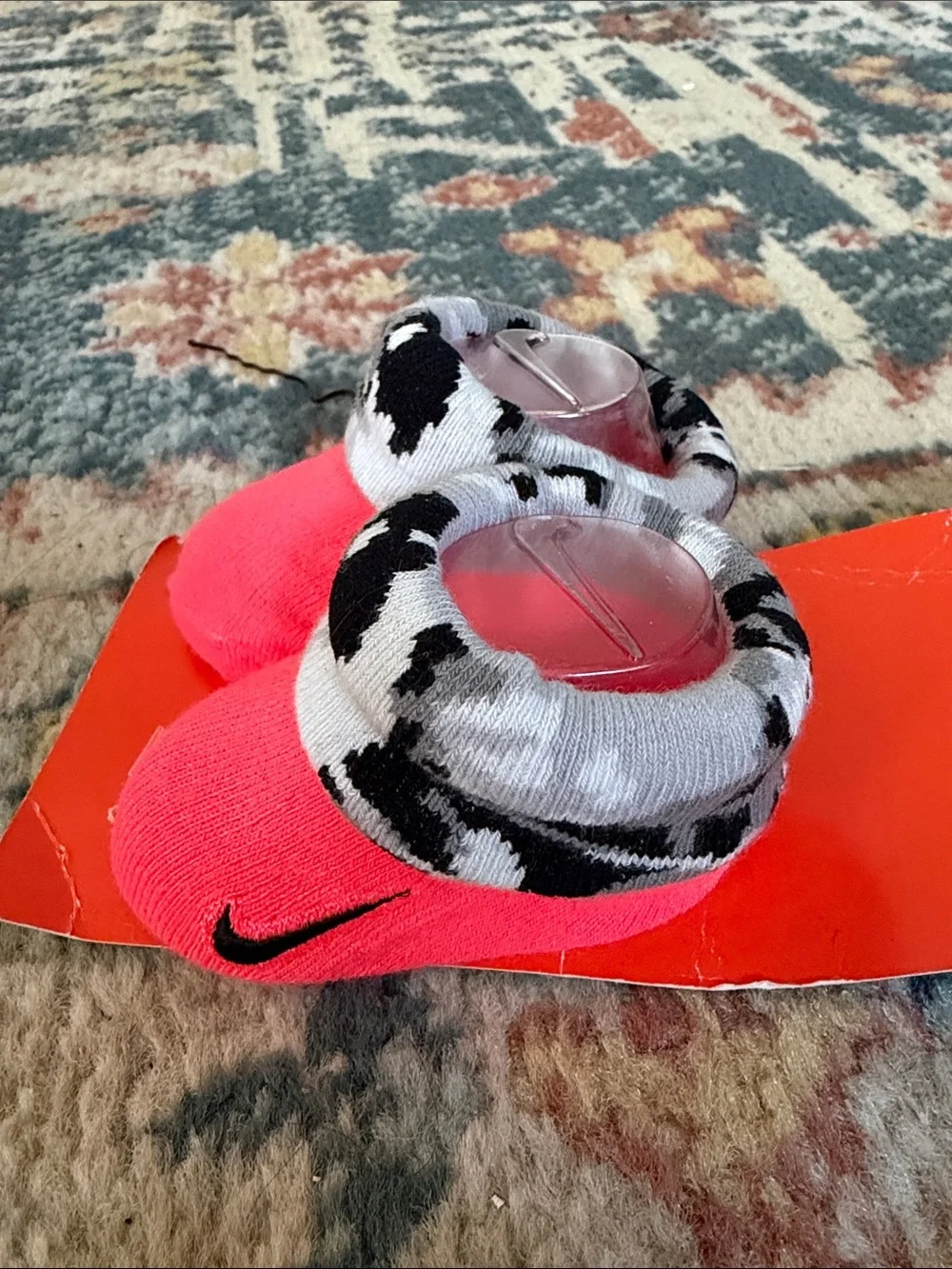 Brand New Nike Infant Pink Bootie Socks with Black Swoosh and Black-White Cuff